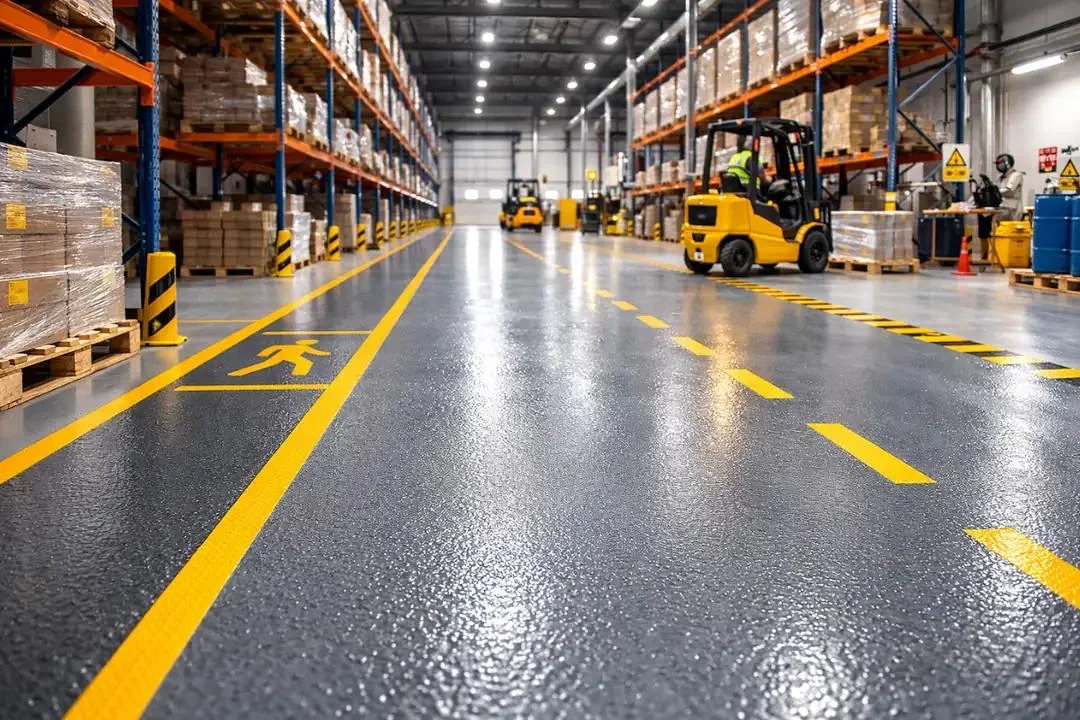 Gang van een distributiecentrum met een glanzende harsvloer en gele looproutes