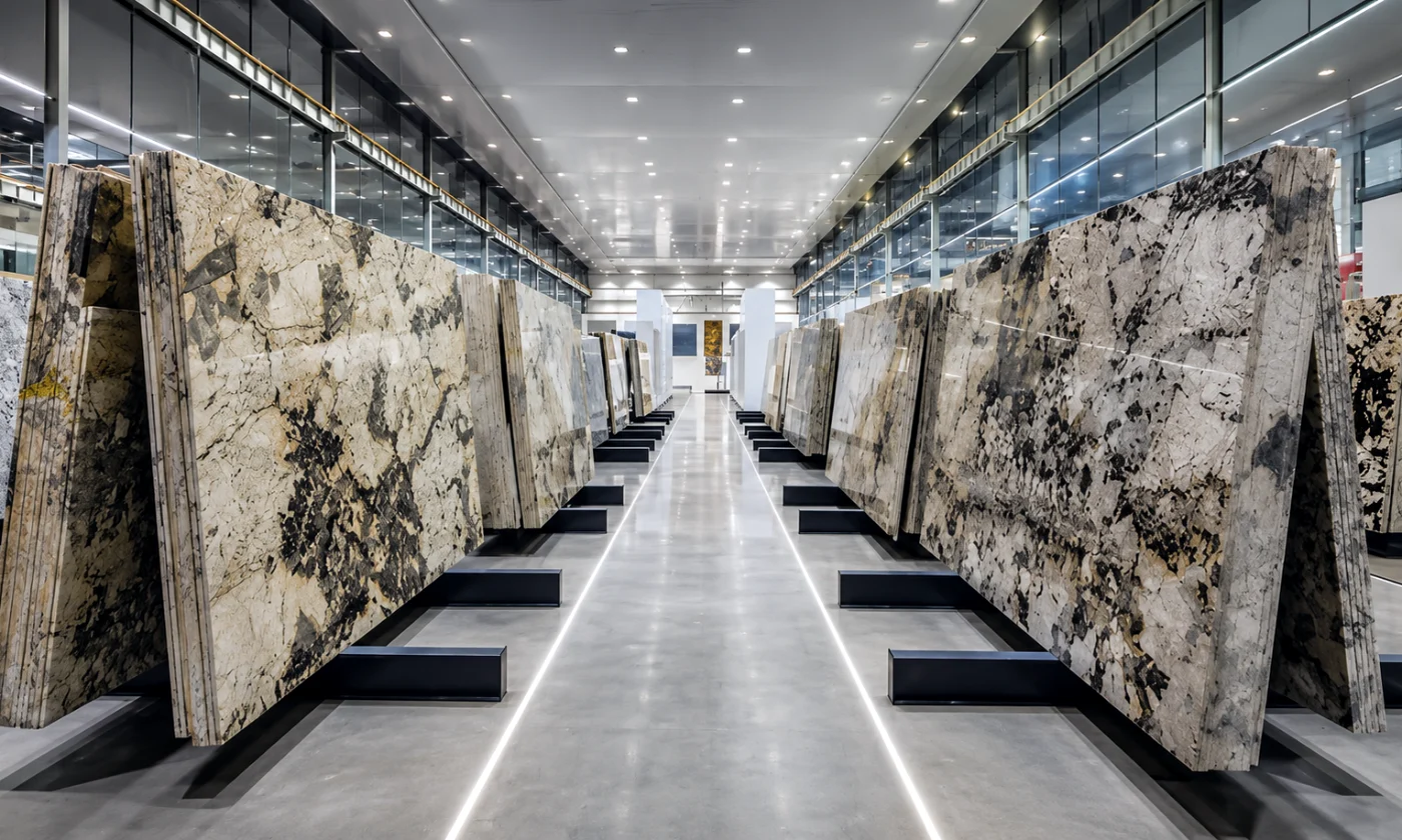Showroom met gecoate natuursteenplaten — Q-lijn